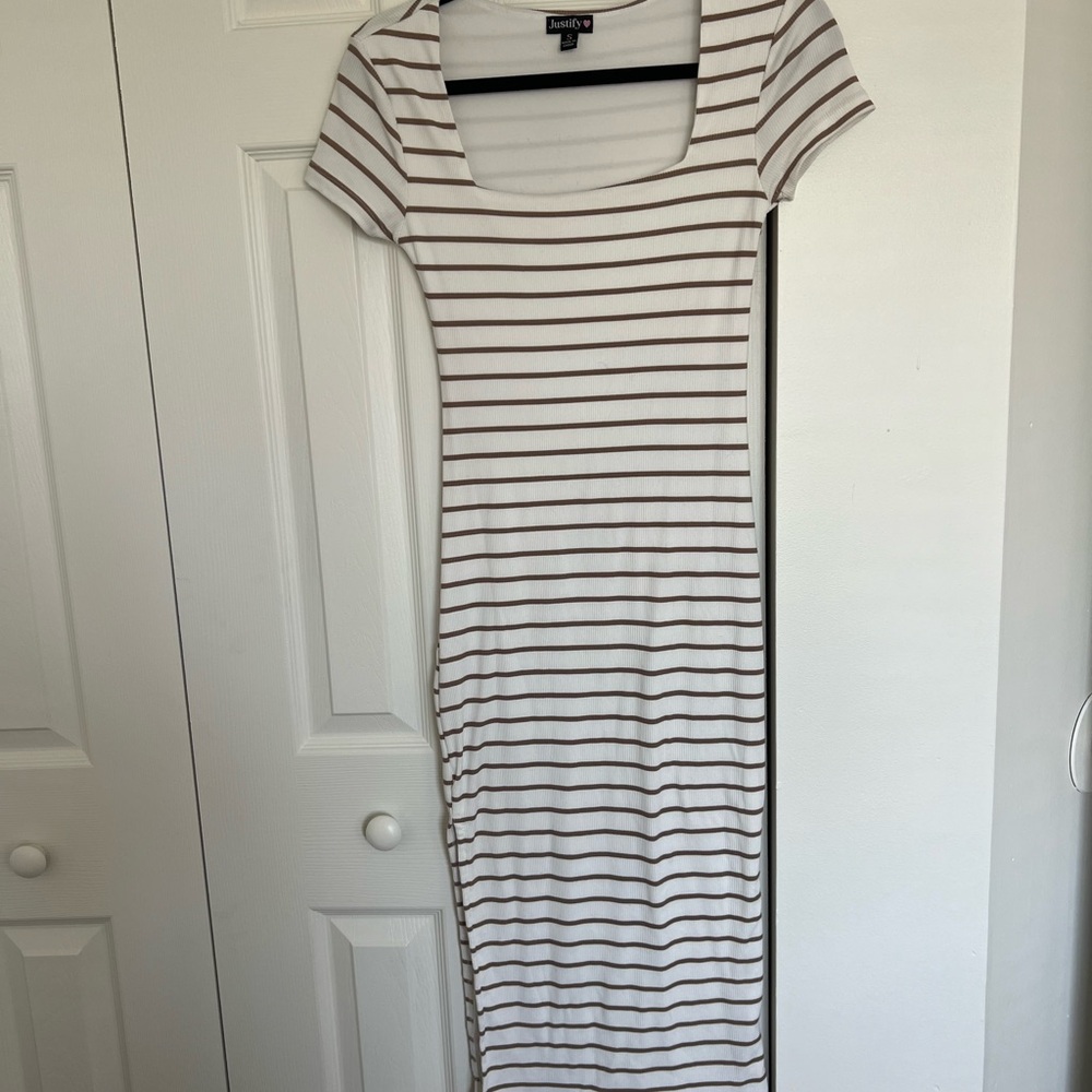 Striped White and Brown Dress with slit on the side size small